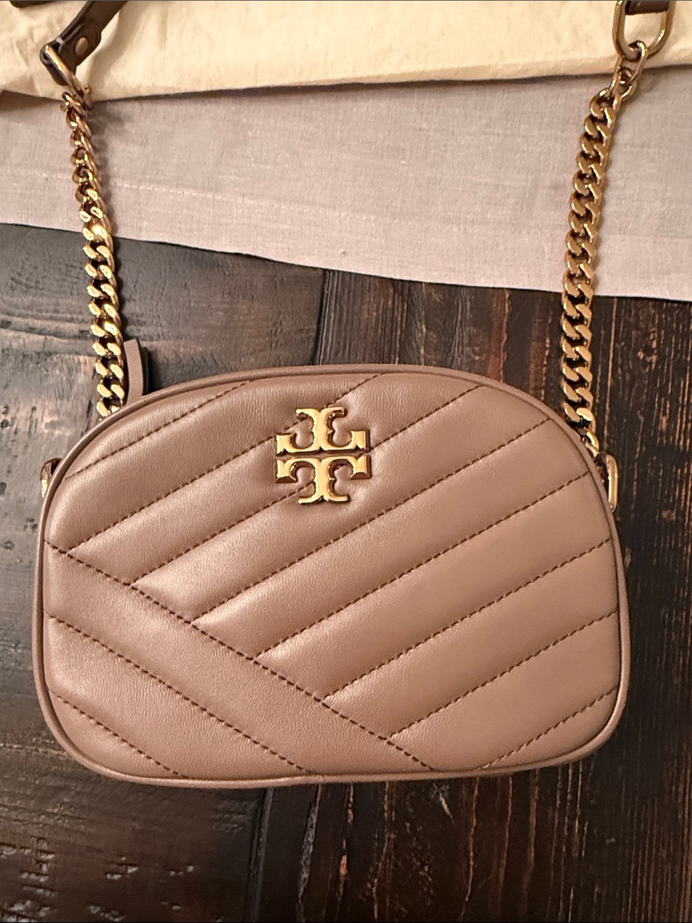 Tory Burch Kira Camera  Chevron Quilted Taupe Leather Crossbody with Gold Chain